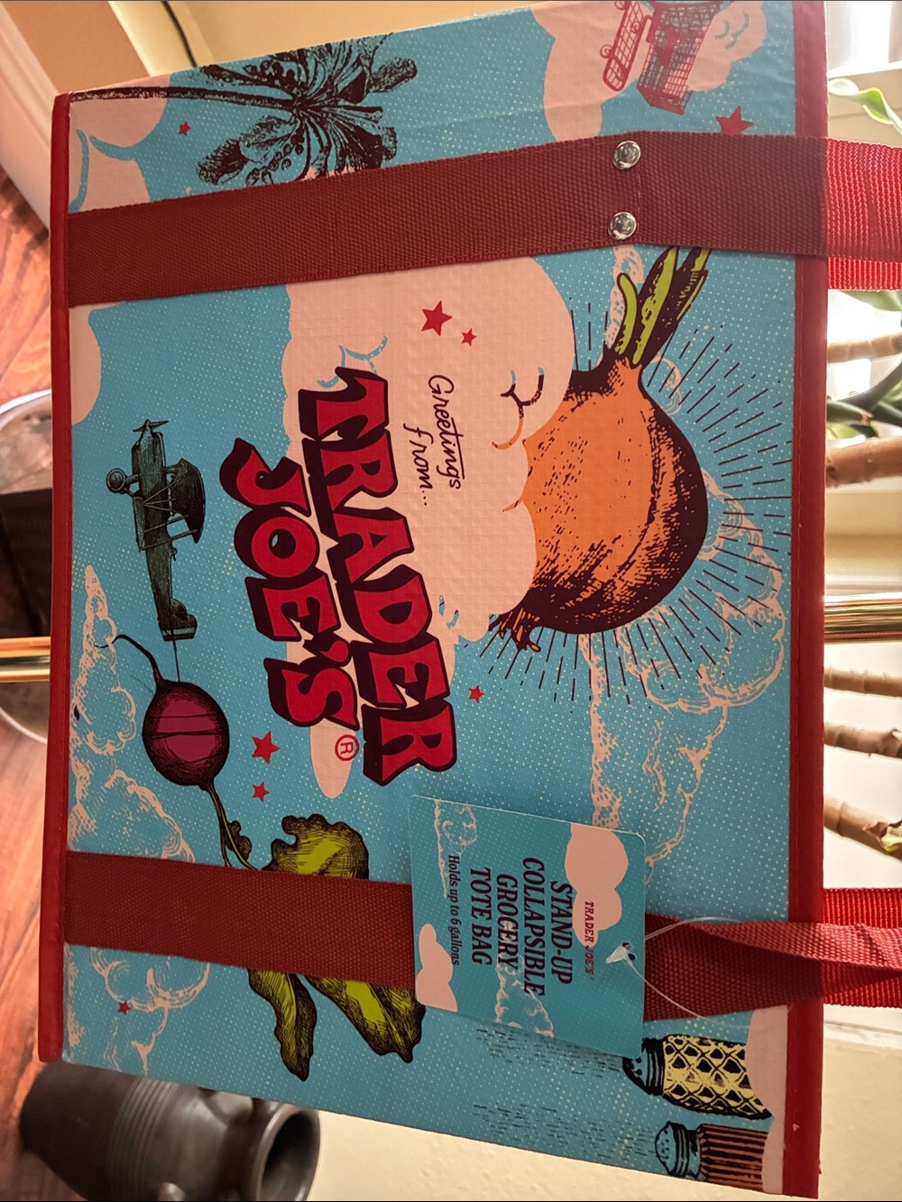 Trader Joe's Blue Graphic Tote Bag with Orange Handles